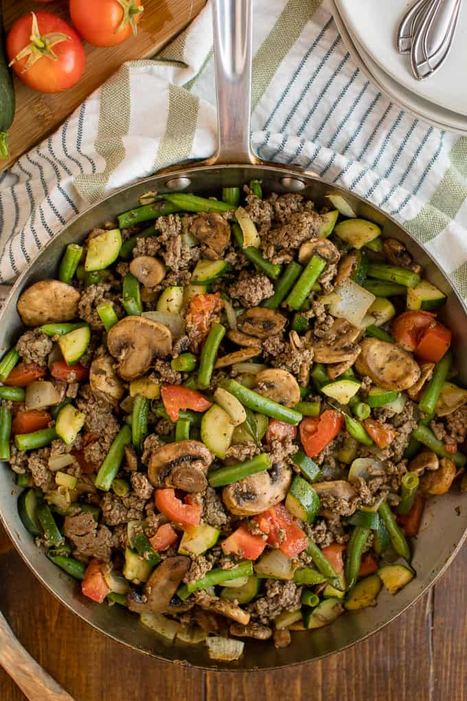 Garden Vegetable Beef Skillet - a one pan meal made with fresh veggies, spices and ground beef!