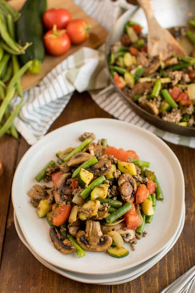 Garden Vegetable Beef Skillet - a one pan meal made with fresh veggies, spices and ground beef!