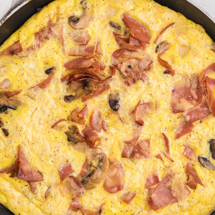 Turkey Bacon Frittata - Cut a few calories on this amazing brunch dish! Swap the pork for turkey in this delicious egg dish that's perfect for breakfast or dinner.