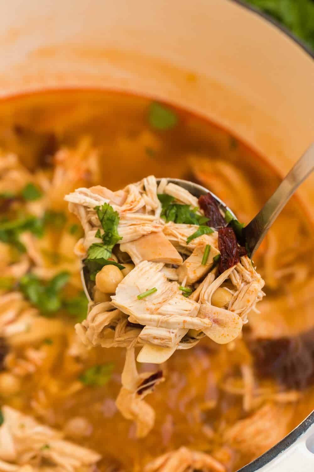 chipotle chicken soup in a soup ladle