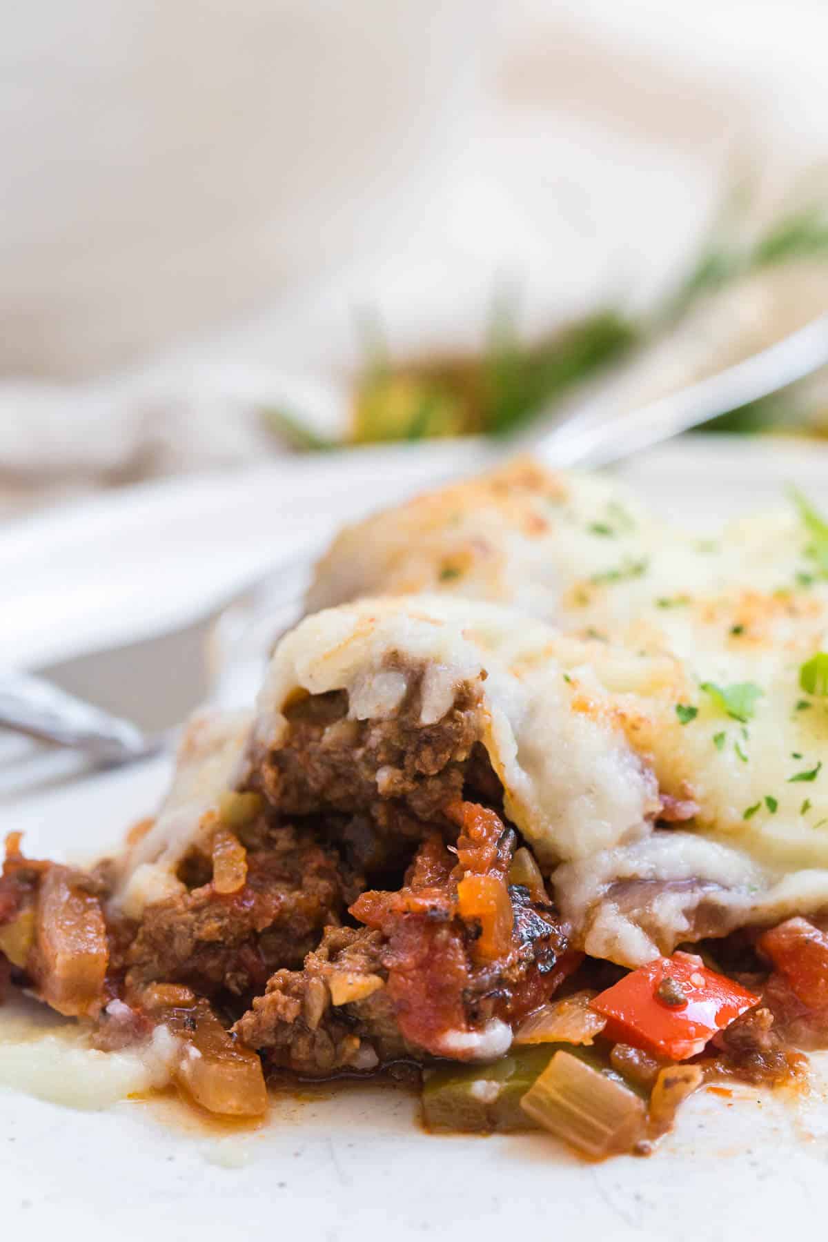 Beef Picadillo Shepherd's Pie served on a plate.