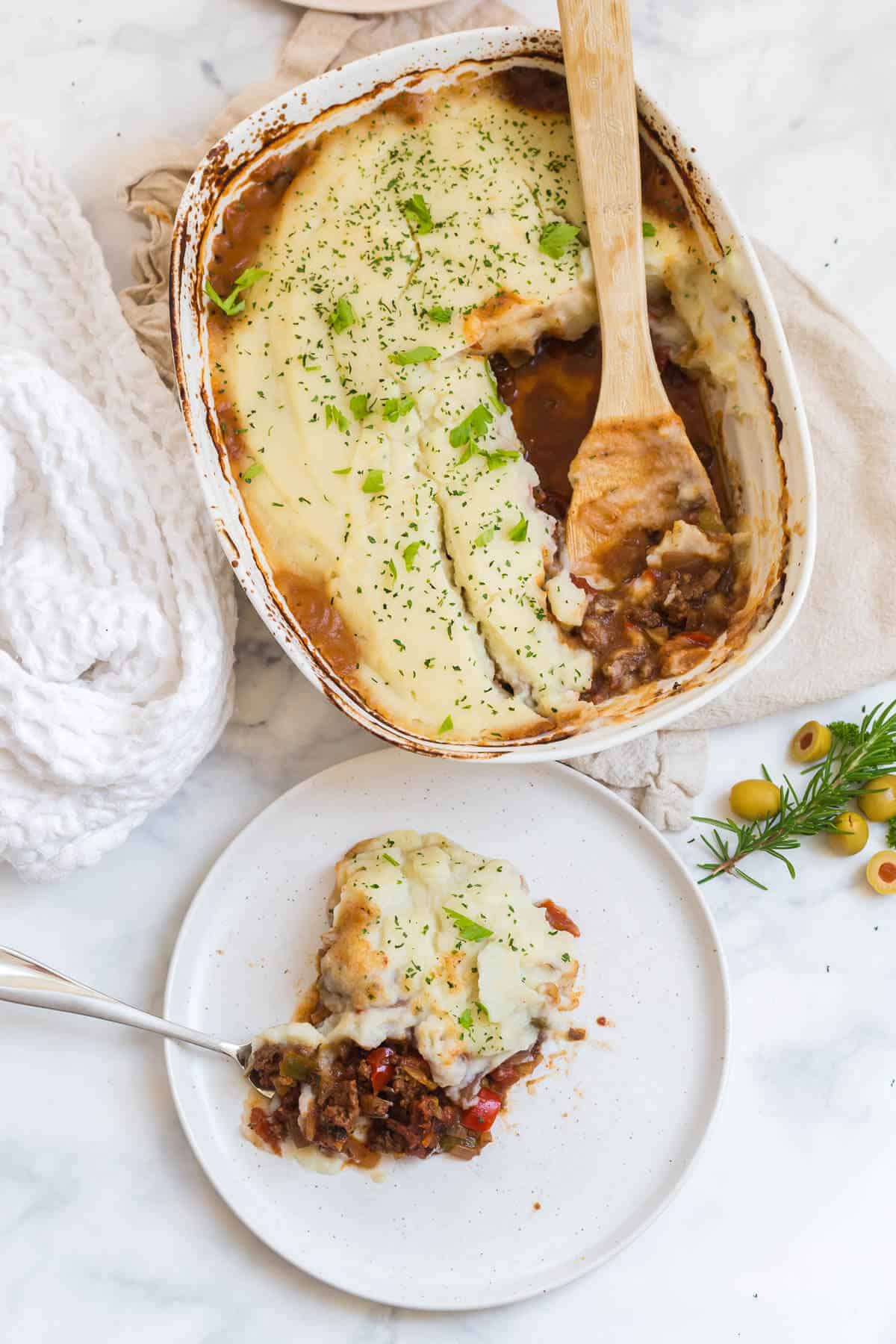 Beef Picadillo Shepherd's Pie served on a plate.