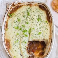 Beef Picadillo Shepherd's Pie with a piece cut of of it.
