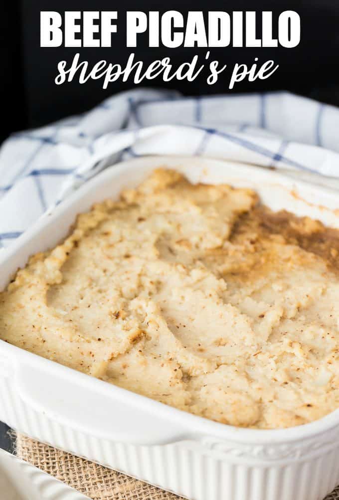 Beef Picadillo Shepherd's Pie - This easy recipe is a low carb twist on the classic Shepherd's Pie. Loaded with warm spices and a slight tang from the olives, this is a kid-friendly meal that the whole family enjoy.
