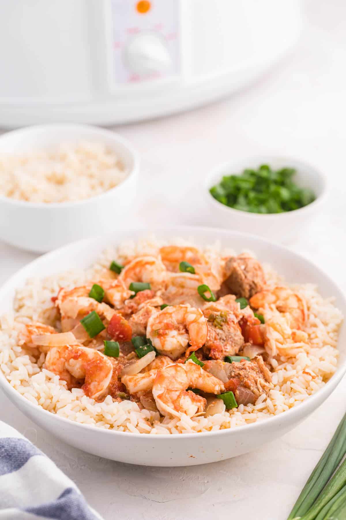 Sausage jambalaya in a bowl over a bed of rice.