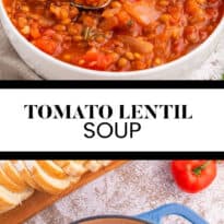 Tomato and lentil soup collage image.