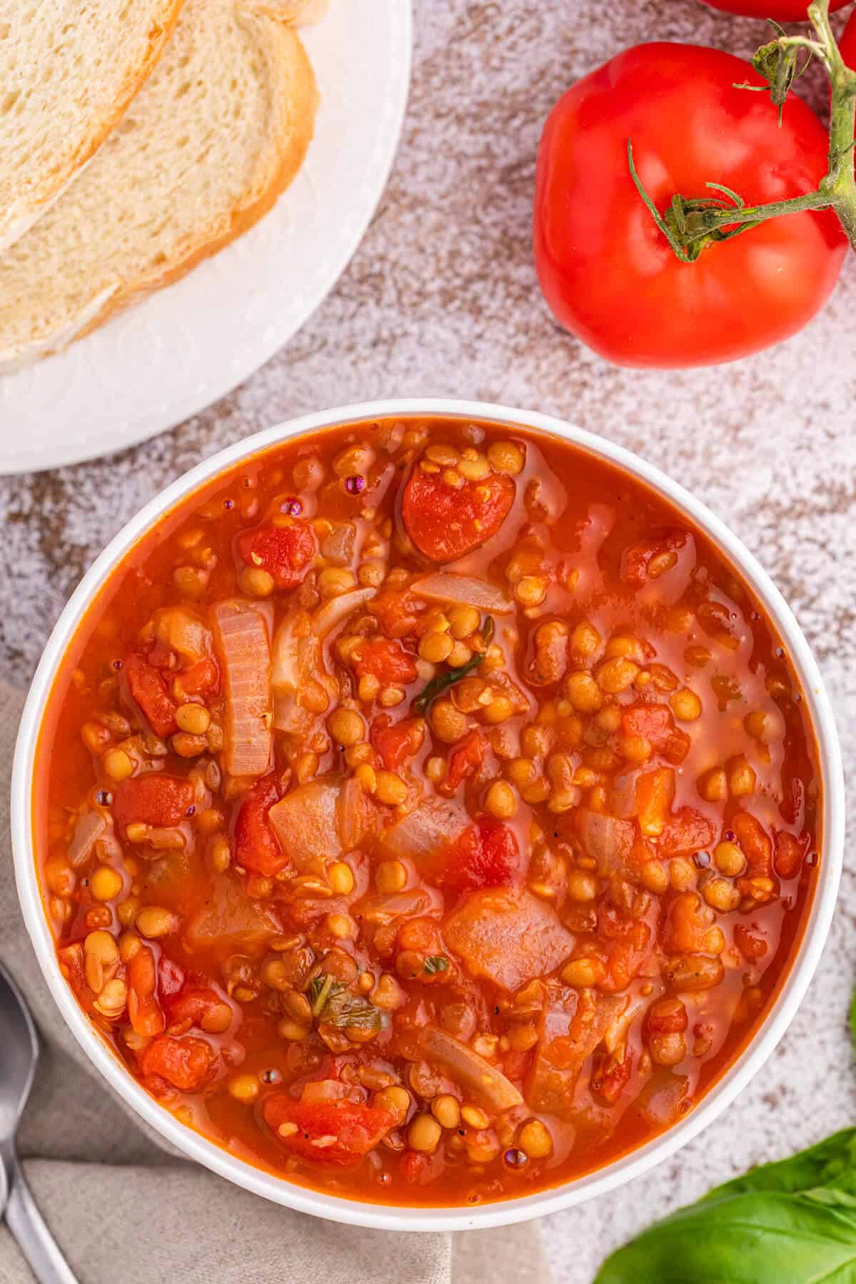 A bowl of tomato lentil soup.