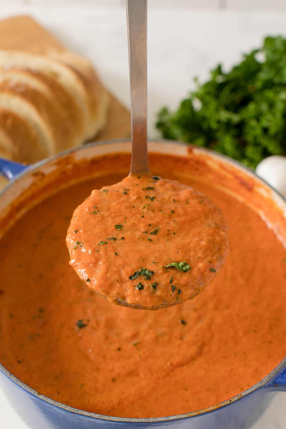 A soup ladle filled with Cream of Tomato Soup.