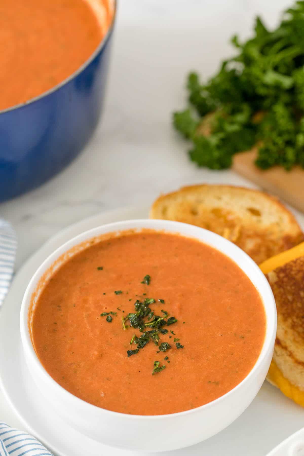 A white bowl of cream of tomato soup.