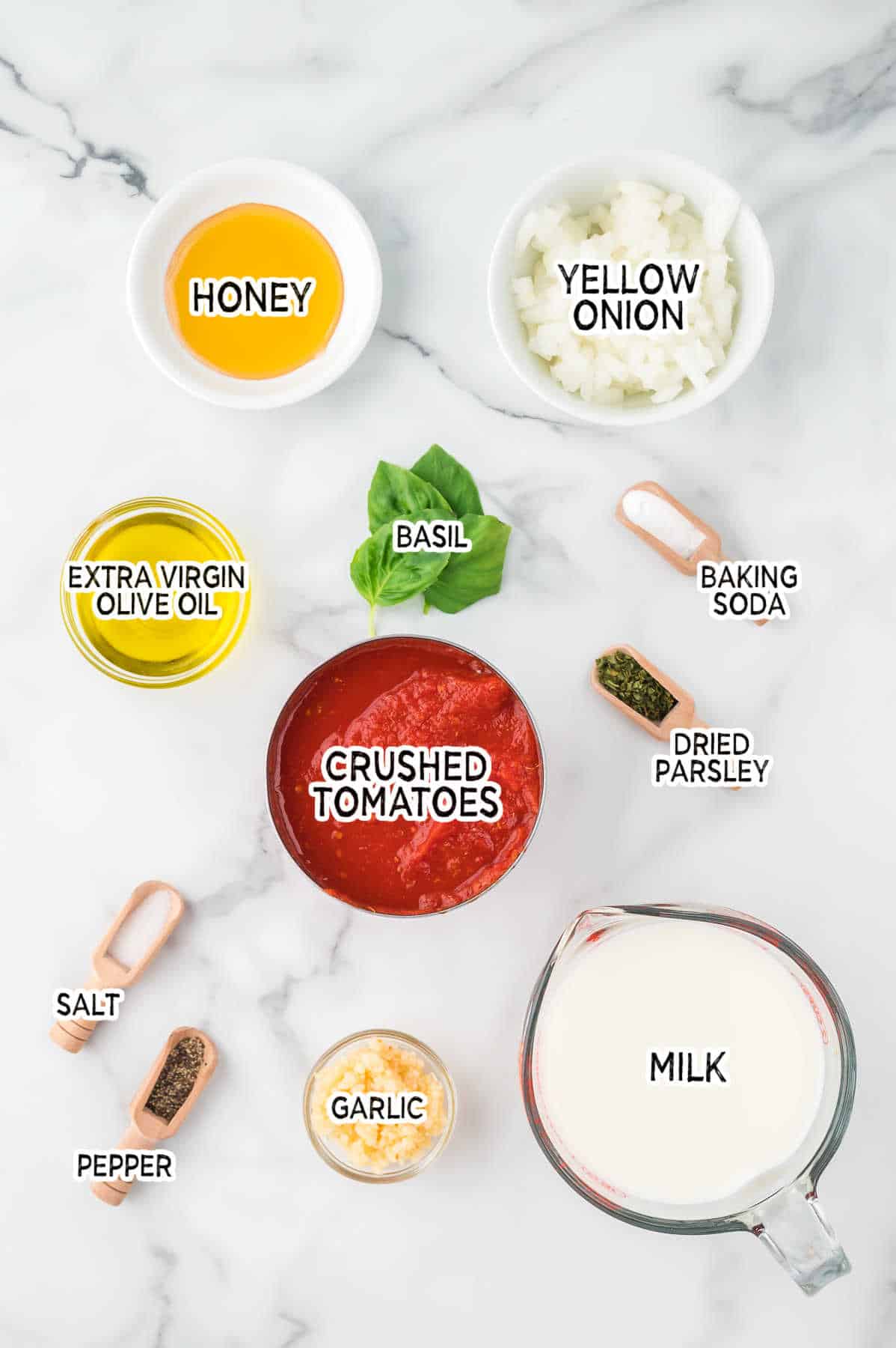 Ingredients to make cream of tomato soup.