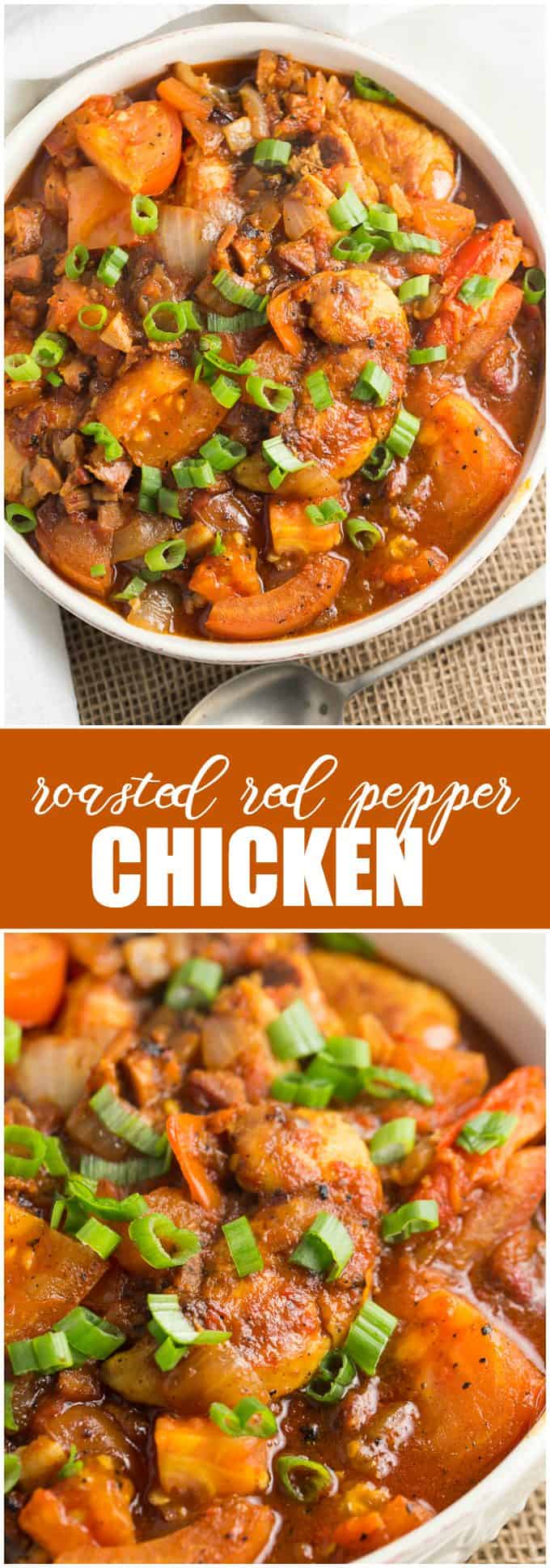 Roasted Red Pepper Chicken - This savory dinner recipe packs a little heat and is totally low carb! The pancetta really makes this chicken recipe amazing.