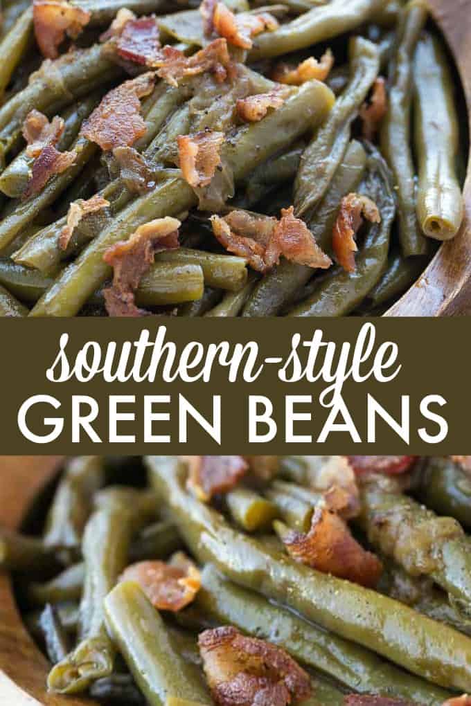 Southern Style Green Beans - The easiest 5-ingredient side dish! Salty bacon is the perfect companion for crisp green beans with a little onion and chicken broth. Yum!