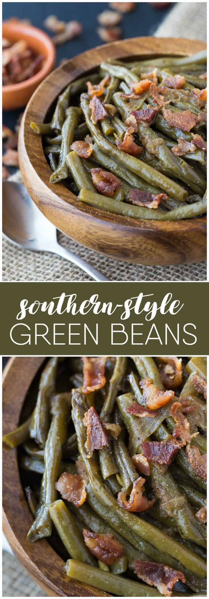 Southern Style Green Beans - The easiest 5-ingredient side dish! Salty bacon is the perfect companion for crisp green beans with a little onion and chicken broth. Yum!