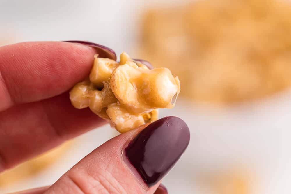 A hand holding a caramel marshmallow popcorn kernel