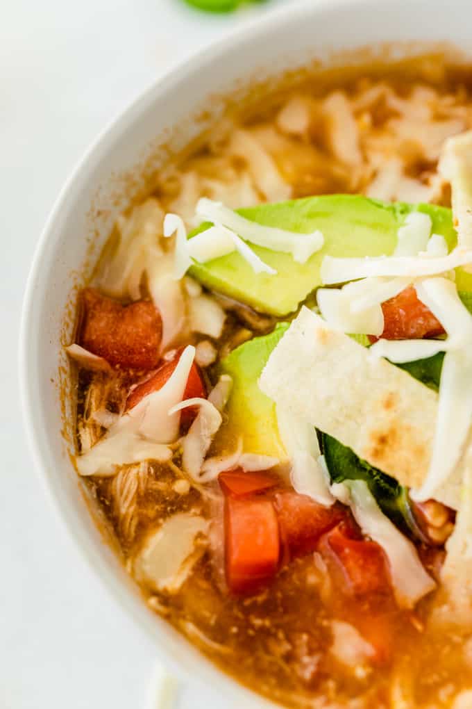 Chicken Tortilla Soup - A favorite slow cooker soup! Let it simmer all day for the best Mexican flavors in the diced tomatoes, shredded chicken, and green chiles.