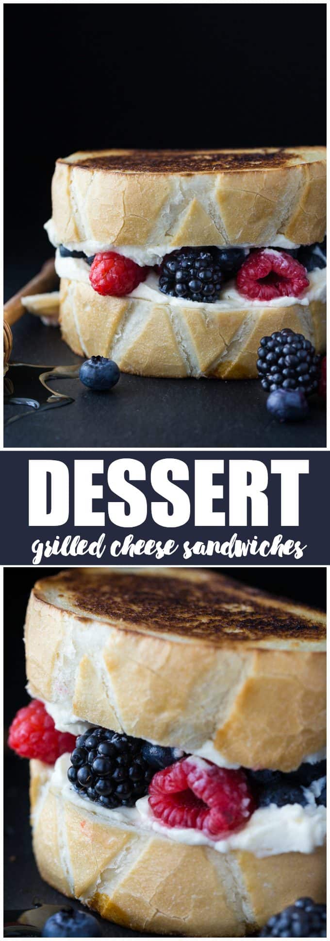 Dessert Grilled Cheese Sandwiches - Not your typical grilled cheese sandwich! It's filled with creamy mascarpone cheese, fresh sweet berries and a drizzle of honey. 