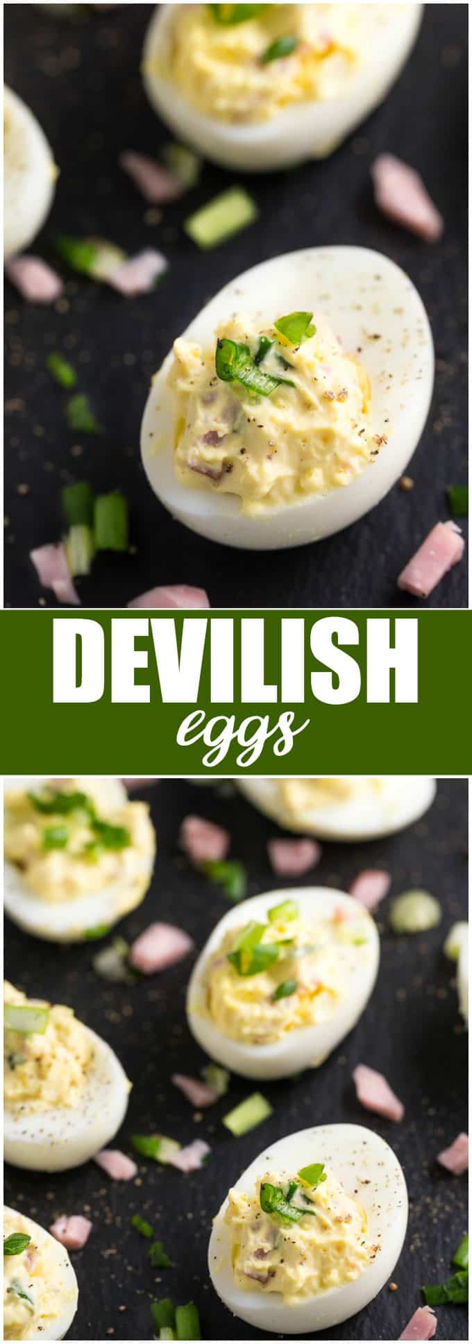 Devilish Eggs - Not your ordinary deviled egg recipe. This easy appetizer has Dijon mustard, ham and NO paprika!