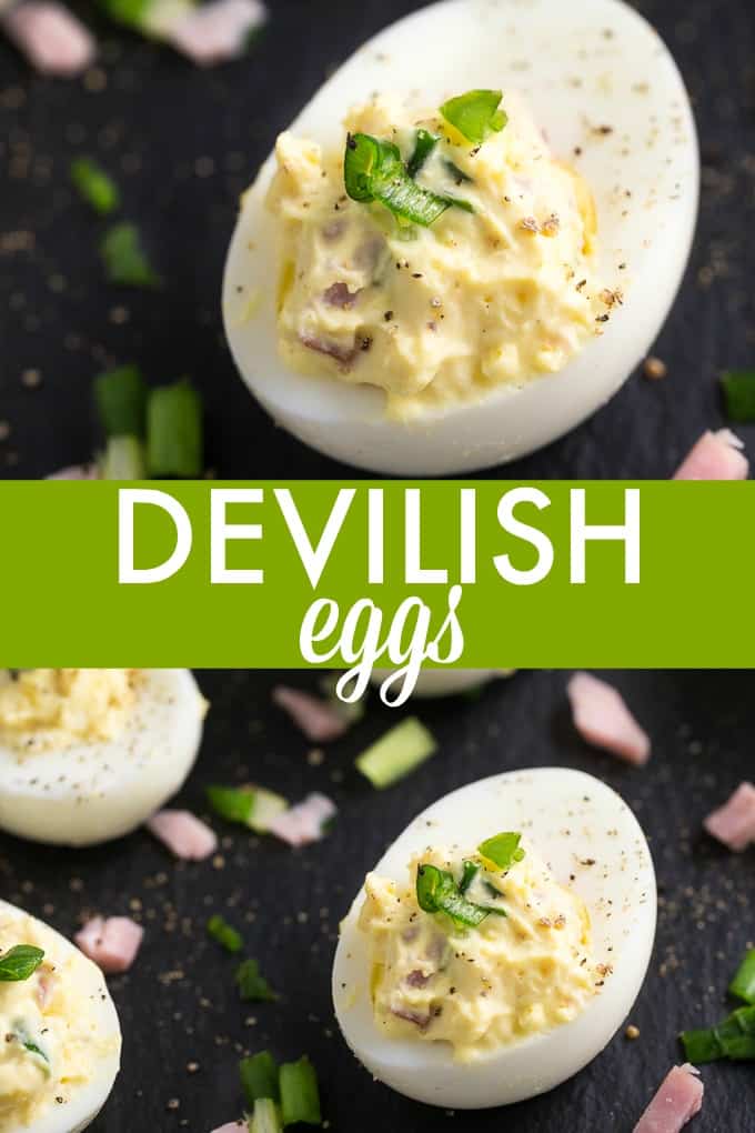 Devilish Eggs - Not your ordinary deviled egg recipe. This easy appetizer has Dijon mustard, ham and NO paprika!