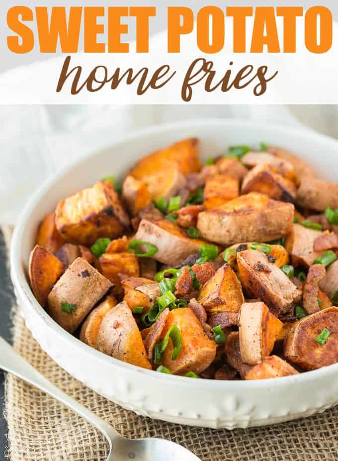 Sweet Potato Home Fries - The best side dish for brunch, lunch, or dinner! This roasted sweet potato hash is filled with salty bacon and garnished with fresh green onions.