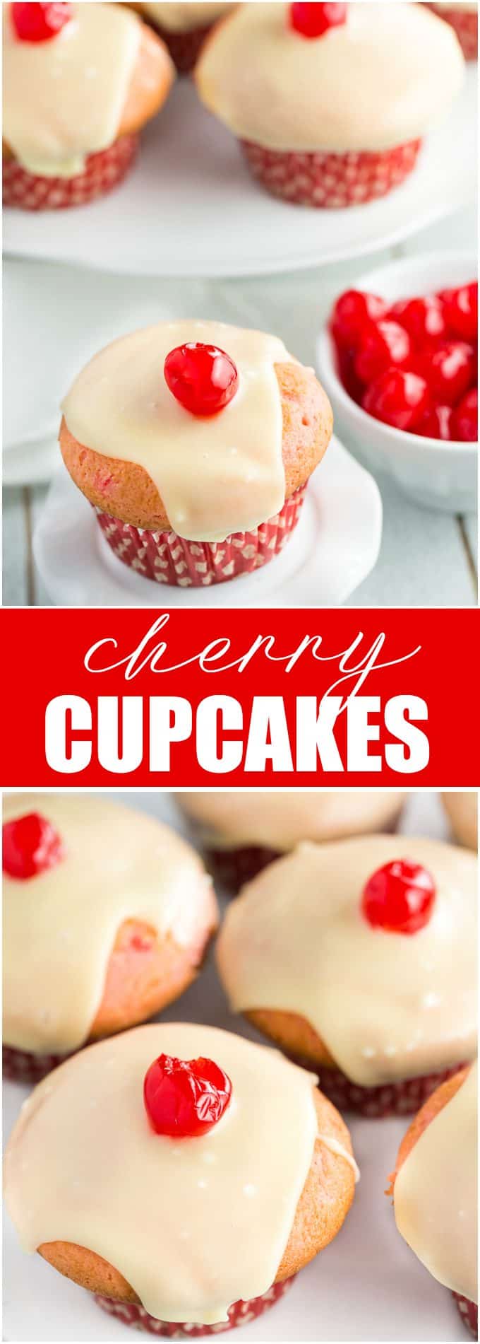 Cherry Cupcakes - White cake mix is doctored with cherries and topped with a rich, smooth white chocolate glaze.