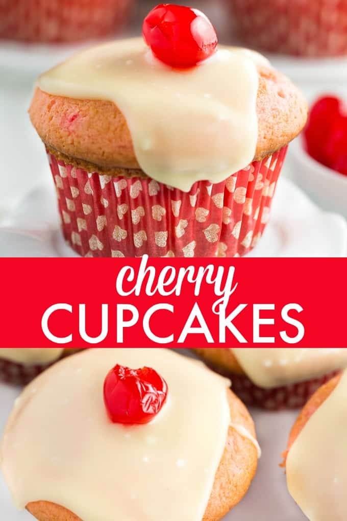 Cherry Cupcakes - White cake mix is doctored with cherries and topped with a rich, smooth white chocolate glaze.