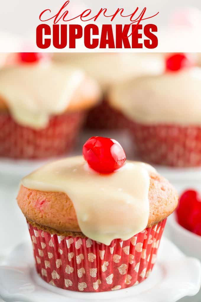 Cherry Cupcakes - White cake mix is doctored with cherries and topped with a rich, smooth white chocolate glaze.