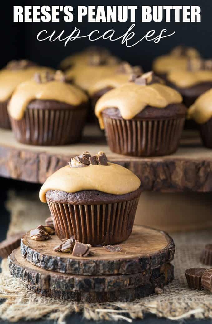 Reese's Peanut Butter Cupcakes - Deliciously sweet and sinfully rich! Chocolate cupcakes stuffed with Reese's Peanut Butter Cup morsels topped with a smooth, creamy peanut butter glaze.