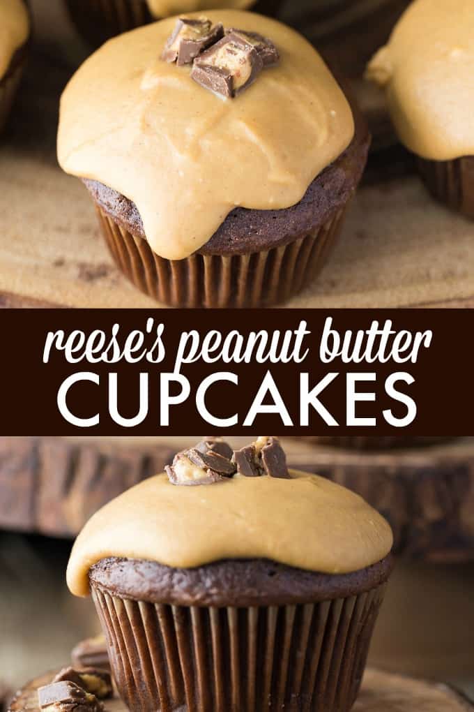 Reese's Peanut Butter Cupcakes - Deliciously sweet and sinfully rich! Chocolate cupcakes stuffed with Reese's Peanut Butter Cup morsels topped with a smooth, creamy peanut butter glaze.