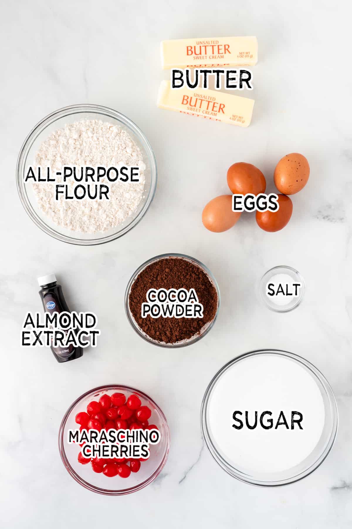 Ingredients to make cherry chocolate brownies.
