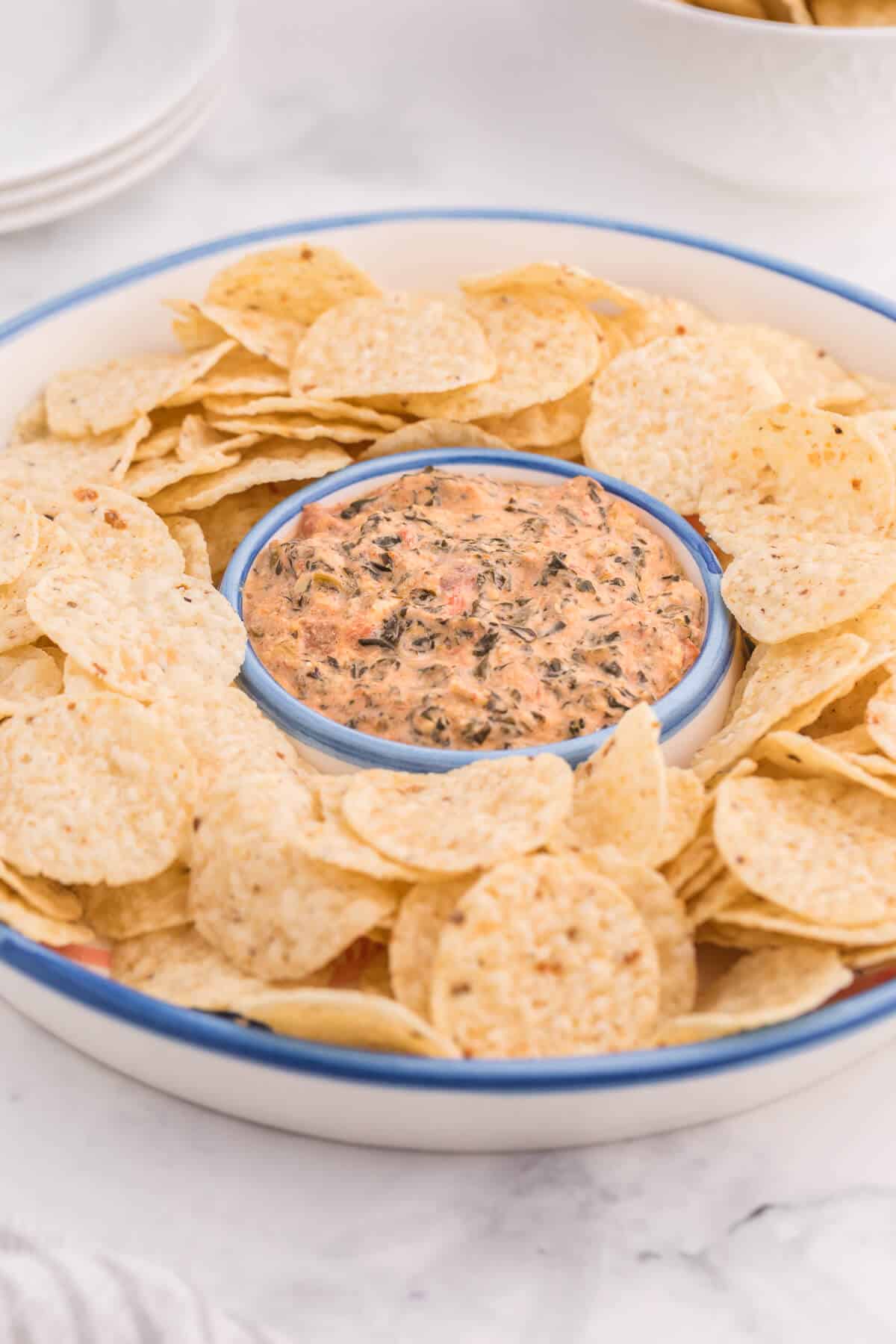 image of tex mex spinach dip on a platter with tortilla chips