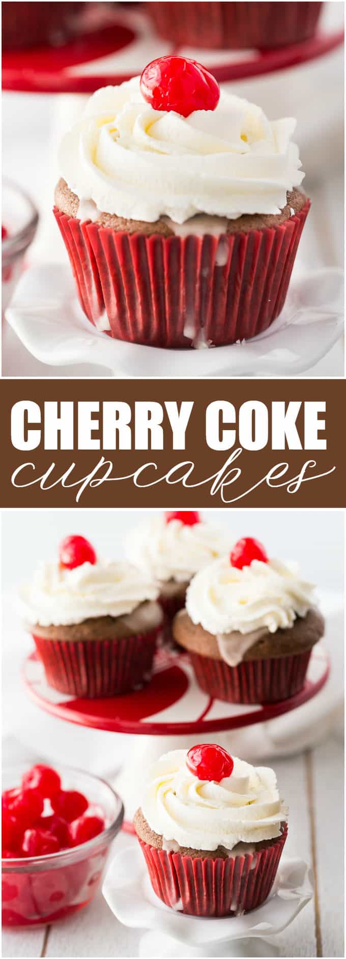 Cherry Coke Cupcakes - Each cupcake has a cherry in the middle, glazed with a Coca-Coca sugar glaze and topped with sweet and fluffy whipped cream. 