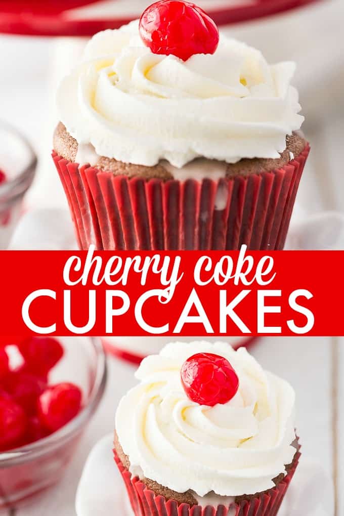 Cherry Coke Cupcakes - Each cupcake has a cherry in the middle, glazed with a Coca-Coca sugar glaze and topped with sweet and fluffy whipped cream. 