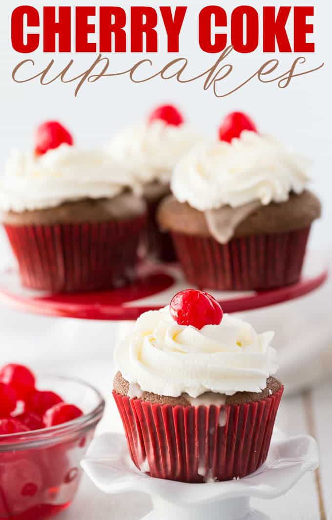 Cherry Coke Cupcakes - Each cupcake has a cherry in the middle, glazed with a Coca-Coca sugar glaze and topped with sweet and fluffy whipped cream. 