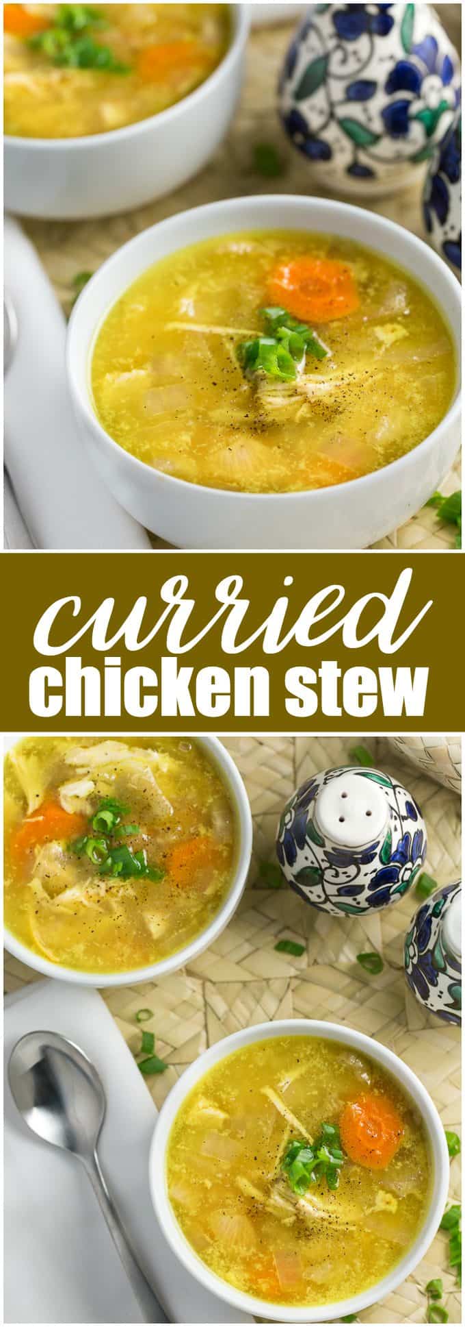 Curried Chicken Stew - Comforting and delicious! This easy crockpot stew recipe is made with tender chicken, coconut milk, curry powder, and fresh ginger.