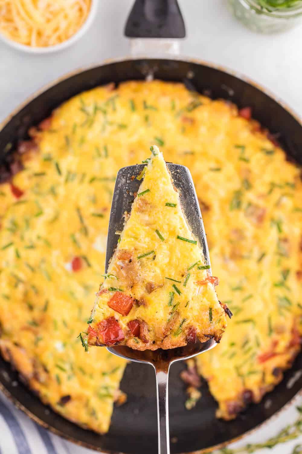 Bacon and Gouda Frittata - This breakfast/brunch recipe is a sophisticated twist on traditional bacon and eggs! Including gouda, chives and shallots, these elegant ingredients make this quick and easy meal seems like a special occasion.
