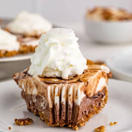 A pie slice on a plate with a bite off the end.