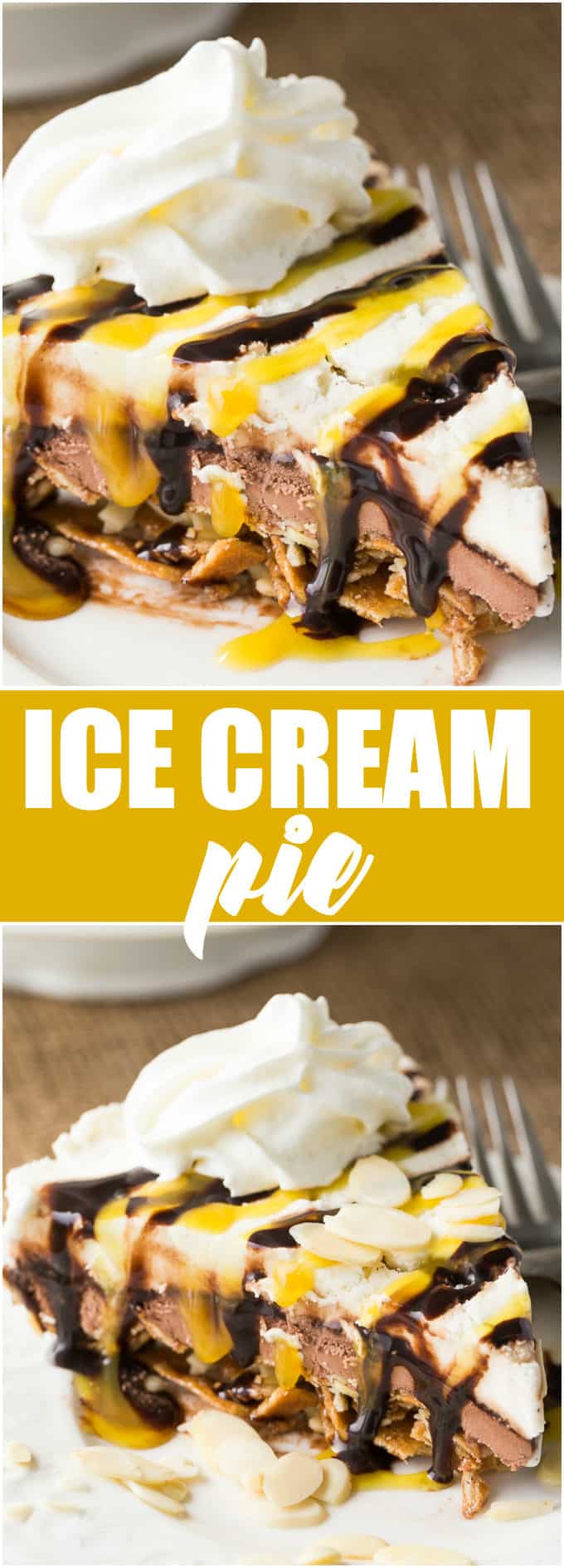 Ice Cream Pie - Layers of crushed waffle cones, chocolate syrup plus chocolate and vanilla ice cream make this cold dessert perfect for summer!