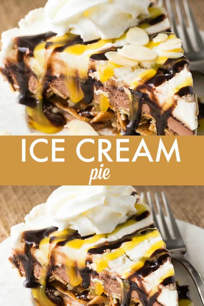 Ice Cream Pie - Layers of crushed waffle cones, chocolate syrup plus chocolate and vanilla ice cream make this cold dessert perfect for summer!