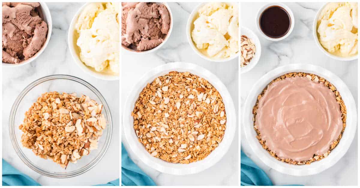 Collage of making the crust and adding the first layer.
