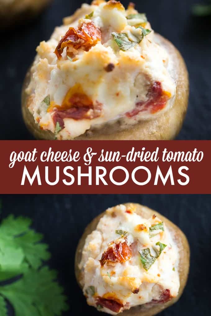 Goat Cheese & Sun-Dried Tomato Mushrooms - Creamy and full of flavour. These mushrooms will melt in your mouth. This recipe serves double-duty as an easy appetizer or a succulent side dish.