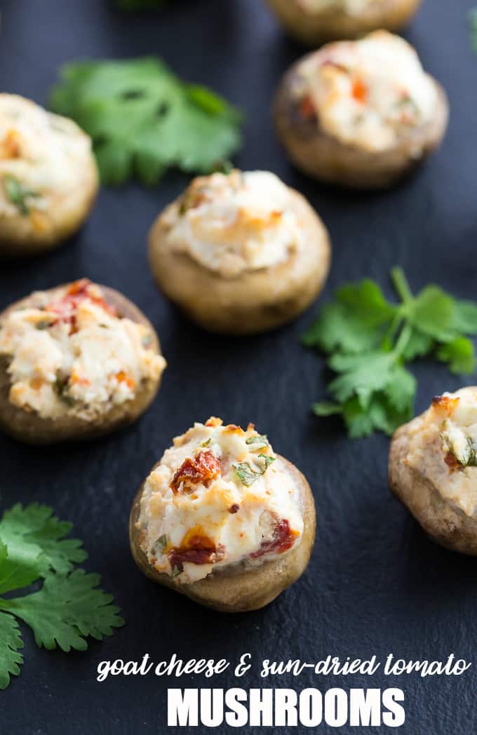 Goat Cheese & Sun-Dried Tomato Mushrooms - Stuffed with a creamy filling. An amazing appetizer!