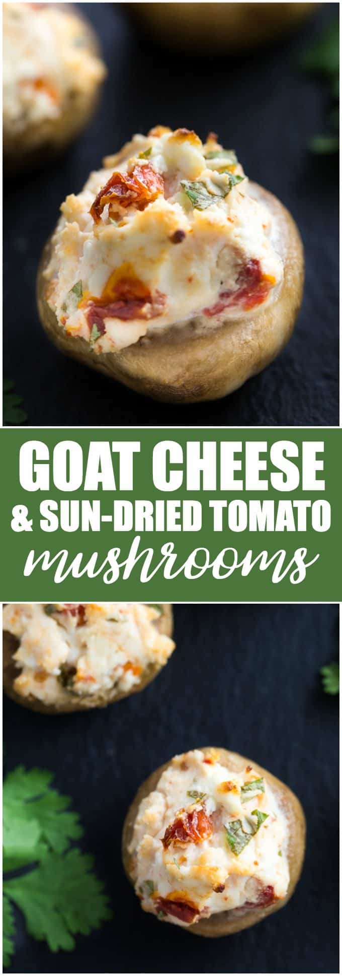 Goat Cheese & Sun-Dried Tomato Mushrooms - Creamy and full of flavour. These mushrooms will melt in your mouth. This recipe serves double-duty as an easy appetizer or a succulent side dish.