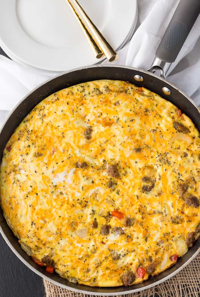 Sausage & Red Pepper Frittata - Sweet red peppers and savoury sausage are a delight together in this easy and delicious recipe. Served with a salad and fresh bread, it's the perfect quick weeknight meal!