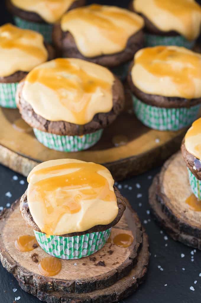 Chocolate Cupcakes with Salted Caramel Cream Cheese Topping - These decadent cupcakes are a delicious balance of salty and sweet. The rich chocolate, sweet caramel and salty tang of the cream cheese frosting will hit every flavour note.