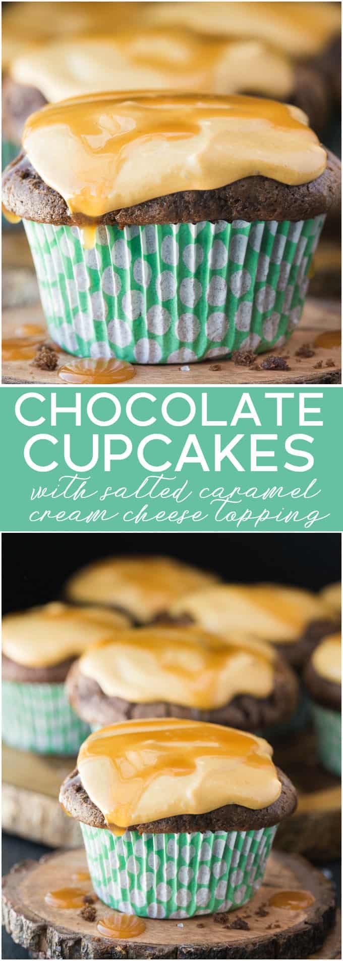 Chocolate Cupcakes with Salted Caramel Cream Cheese Topping - These decadent cupcakes are a delicious balance of salty and sweet. The rich chocolate, sweet caramel and salty tang of the cream cheese frosting will hit every flavour note.