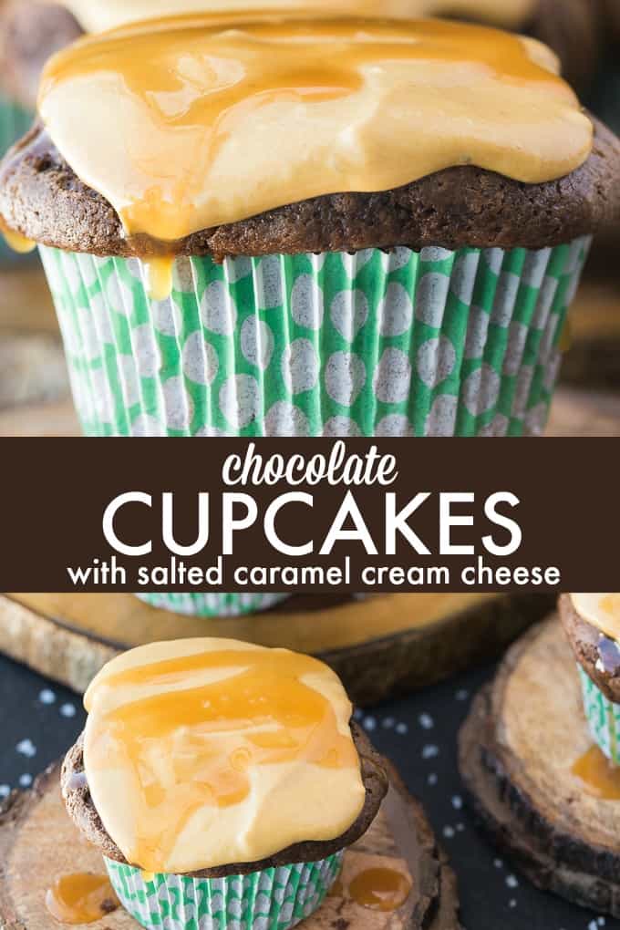 Chocolate Cupcakes with Salted Caramel Cream Cheese Topping - These decadent cupcakes are a delicious balance of salty and sweet. The rich chocolate, sweet caramel and salty tang of the cream cheese frosting will hit every flavour note.