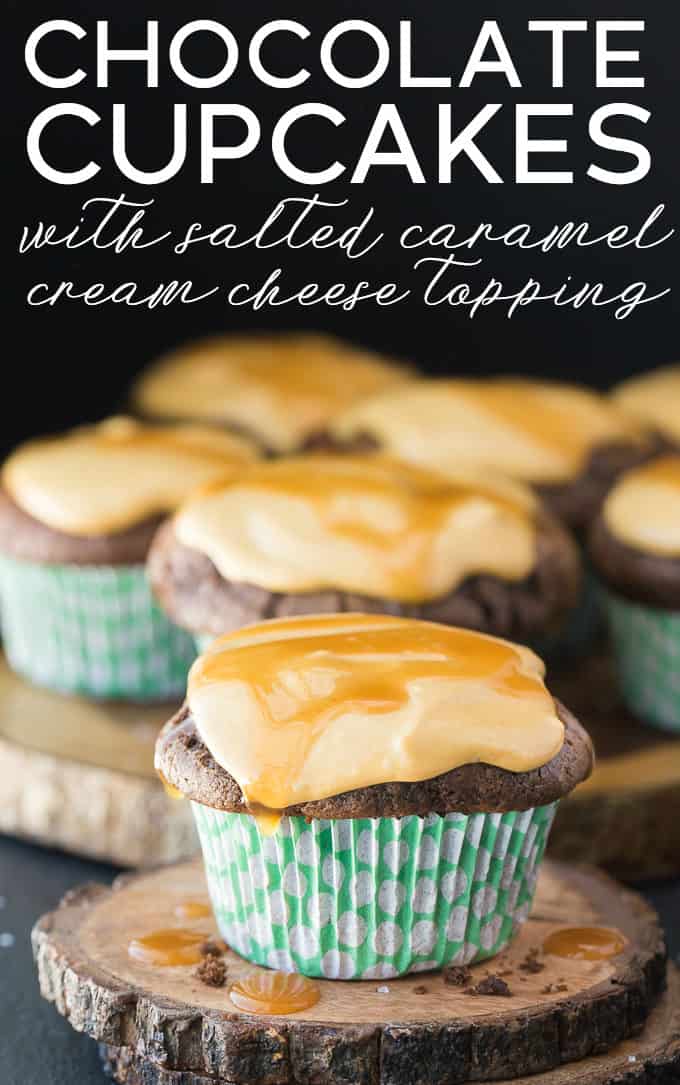 Chocolate Cupcakes with Salted Caramel Cream Cheese Topping - These decadent cupcakes are a delicious balance of salty and sweet. The rich chocolate, sweet caramel and salty tang of the cream cheese frosting will hit every flavour note.