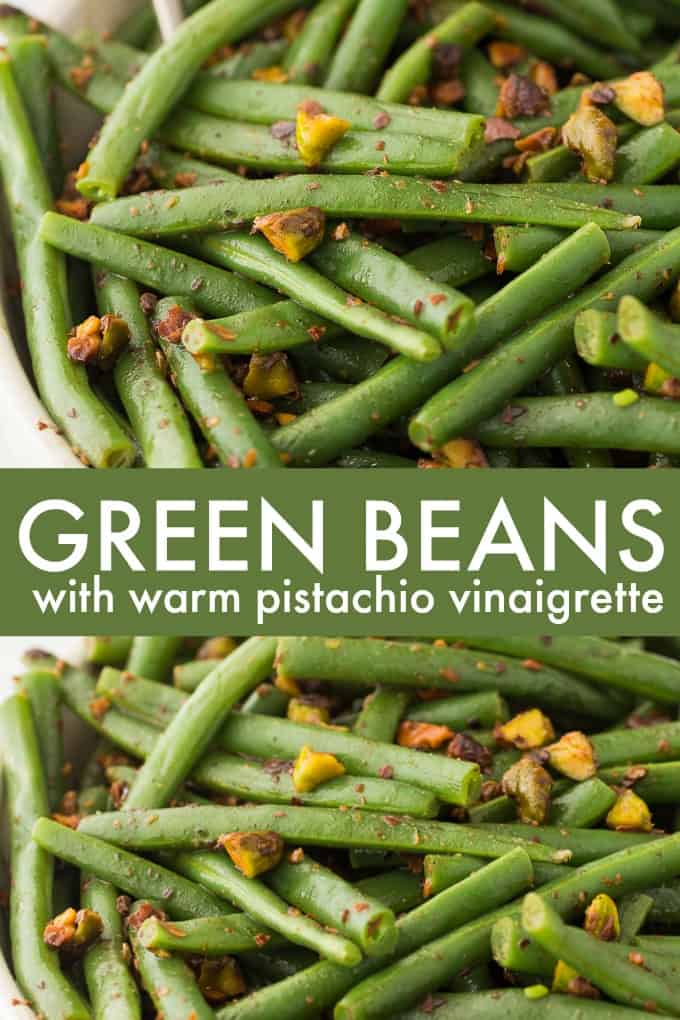 Green Beans with Warm Pistachio Vinaigrette - This recipe is as easy as it is elegant! Make these crispy green beans with a delicious red wine vinaigrette with crushed pistachios for the best holiday side dish ever.