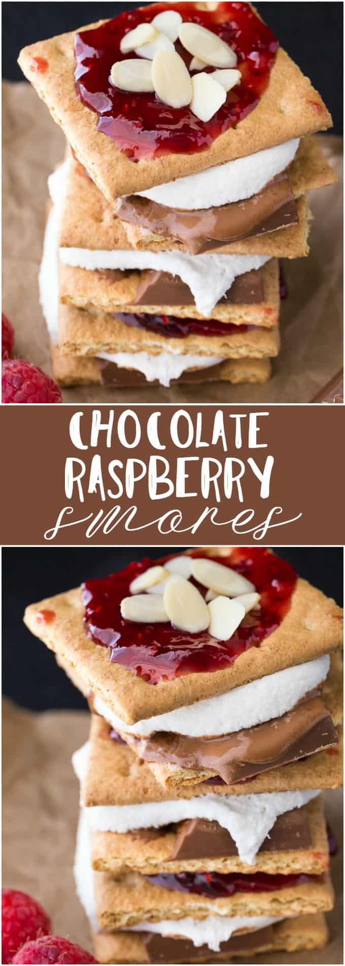 Chocolate Raspberry S'mores - These simple sweet treats are a great way to dress up the campfire. With all the s'mores flavours you love, along with sweet raspberry jam and crunchy almonds, they take the traditional campfire treat to the next level!