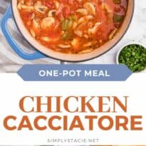 One-Pot Chicken Cacciatore - This is a delicious pantry staple casserole. Made with common ingredients like chicken, green peppers, mushrooms, onions and canned tomatoes, you can throw the ingredients in just one pot - quick to make and quick to clean up!